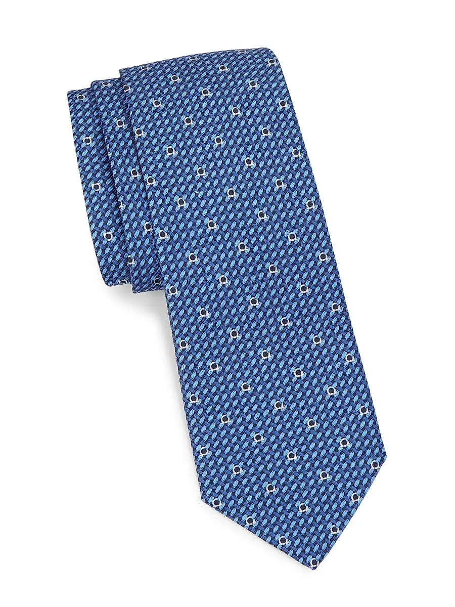 FERRAGAMO Men's Gancini Woven Pattern Silk Tie - Navy Blue | Image 1 FERRAGAMO Men's Gancini Woven Pattern Silk Tie - Navy Blue | Image 1