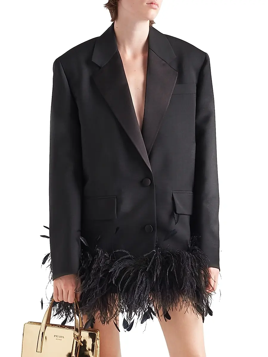 Prada Women's Single-Breasted Kid Mohair Jacket with Feathers - Black | Thumbnail 2 Prada Women's Single-Breasted Kid Mohair Jacket with Feathers - Black | Thumbnail 2