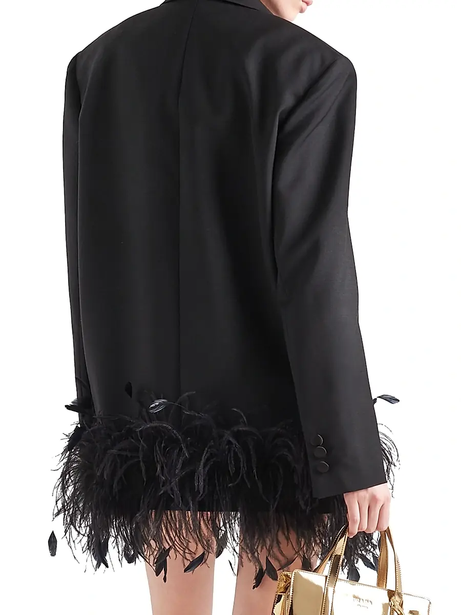 Prada Women's Single-Breasted Kid Mohair Jacket with Feathers - Black | Thumbnail 3 Prada Women's Single-Breasted Kid Mohair Jacket with Feathers - Black | Thumbnail 3