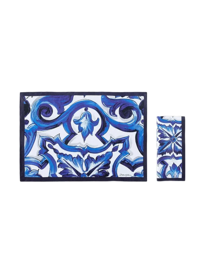 Dolce & Gabbana Blue Mediterraneo Printed Linen Placemat & Napkin Set - Blue