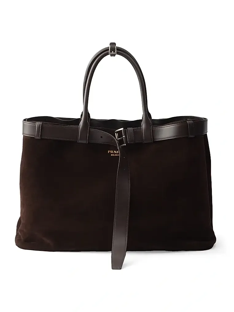 Men's Buckle Suede Bag with Belt - Dark Brown