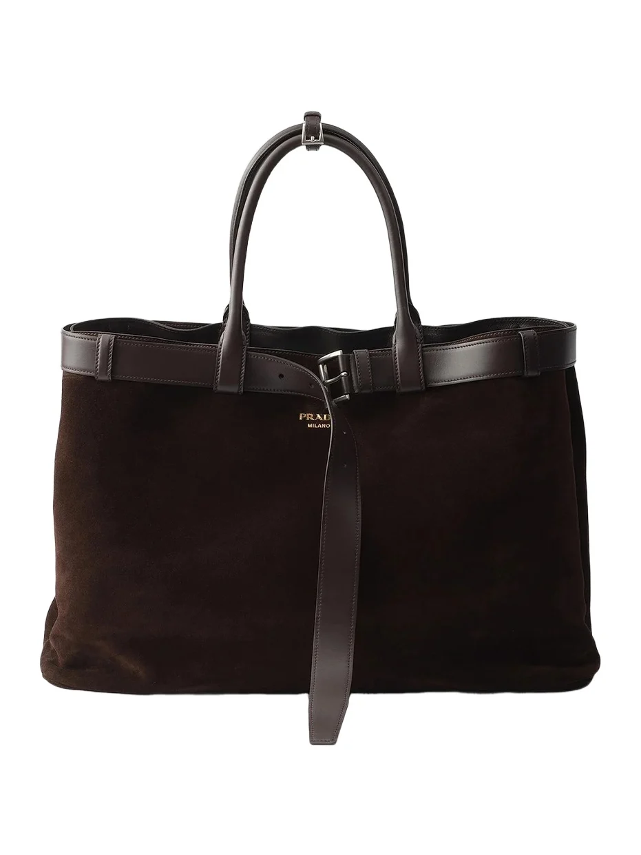 Prada Men's Buckle Suede Bag with Belt - Dark Brown