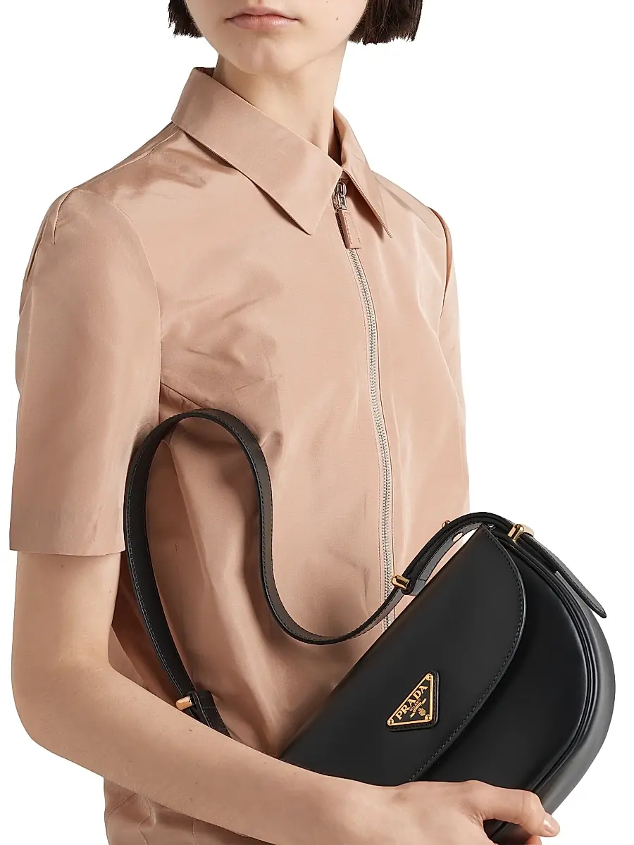 Prada Women's Arqué Leather Shoulder Bag with Flap - Black | Thumbnail 8 Prada Women's Arqué Leather Shoulder Bag with Flap - Black | Thumbnail 8