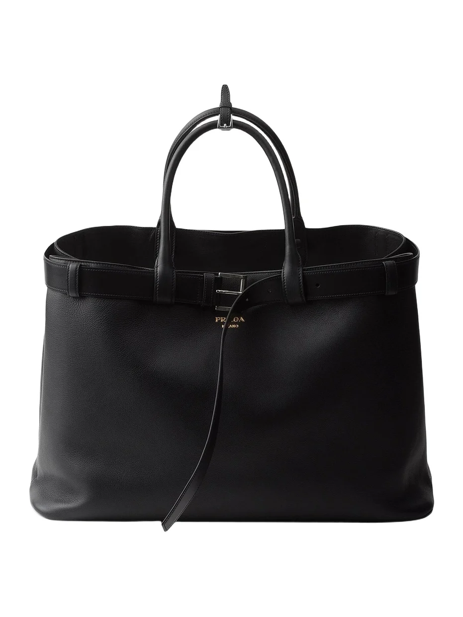 Men's Buckle Leather Bag with Belt - Black