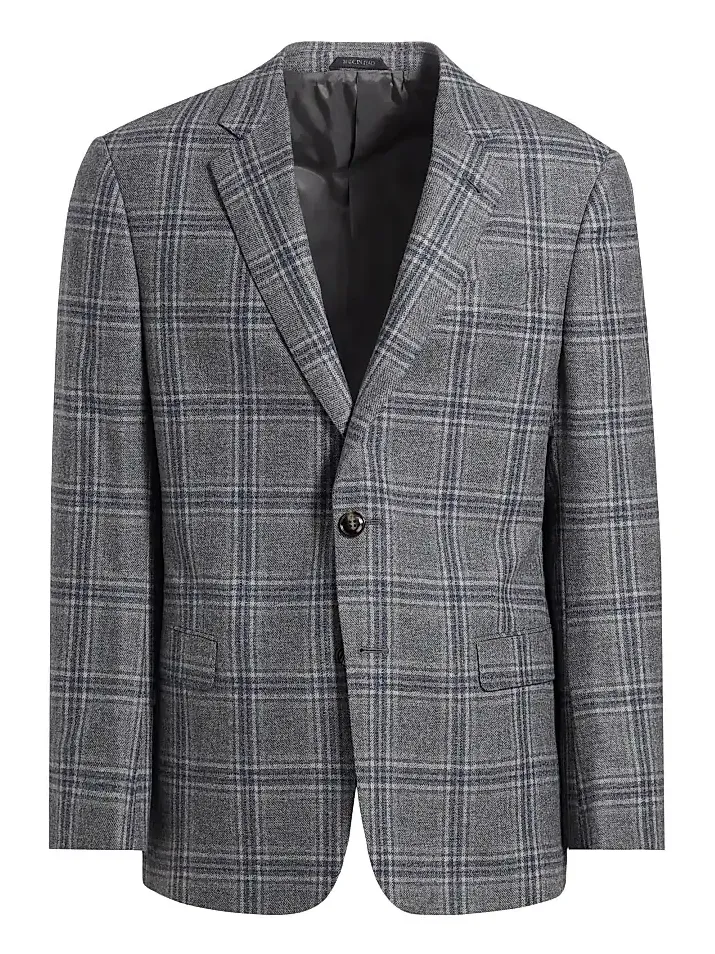 Men's Plaid Wool & Cashmere Jacket - Gray Navy Men's Plaid Wool & Cashmere Jacket - Gray Navy