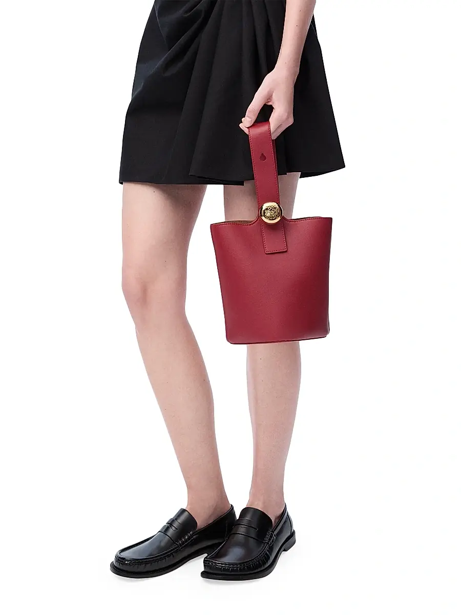 Women's Mini Pebbled Leather Bucket Bag - Burnt Red