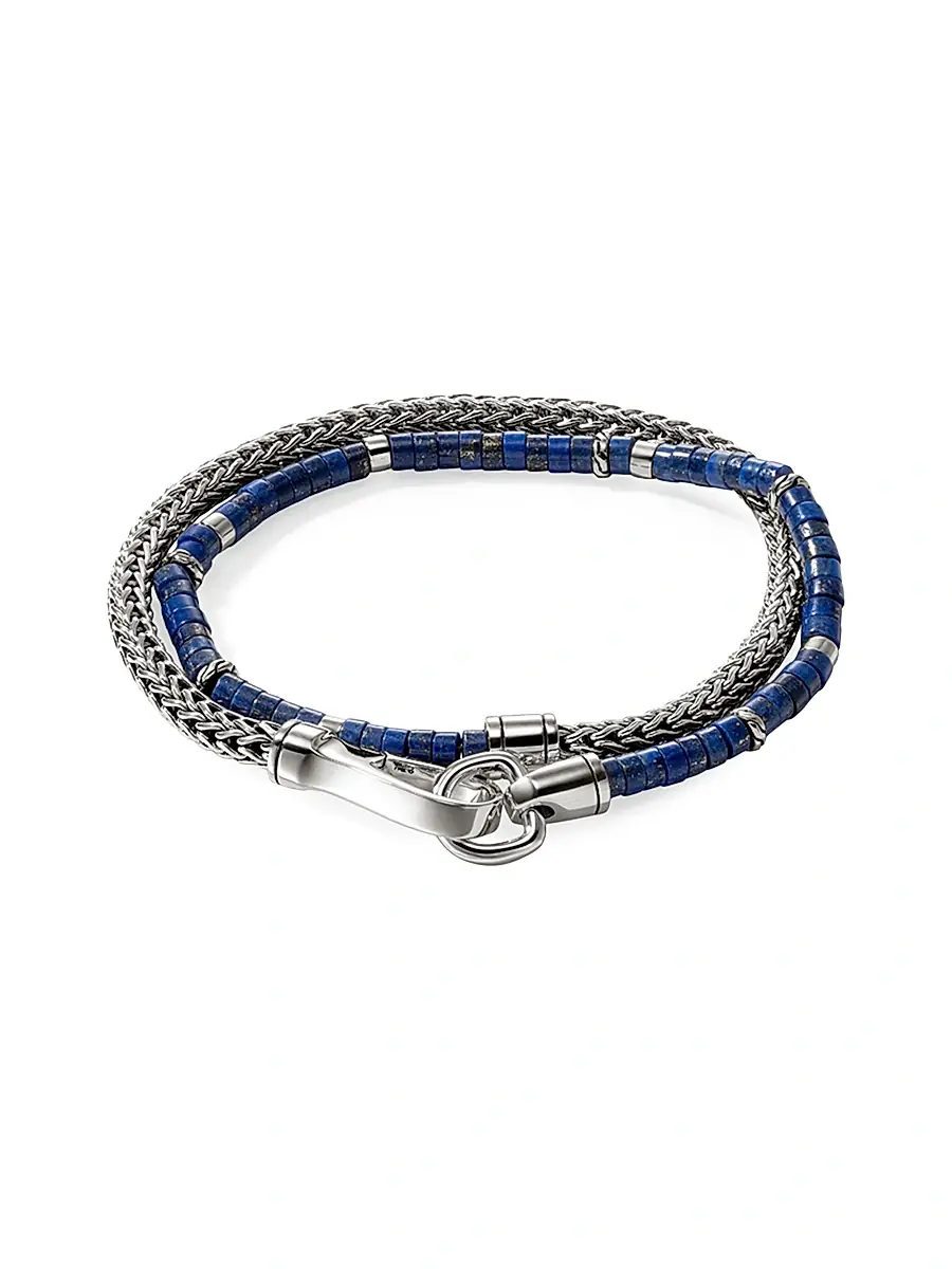 John Hardy Men's Heishi Sterling Silver & Lapis Lazuli Chain Double Wrap Bracelet - Silver Lapis | Image 1 John Hardy Men's Heishi Sterling Silver & Lapis Lazuli Chain Double Wrap Bracelet - Silver Lapis | Image 1
