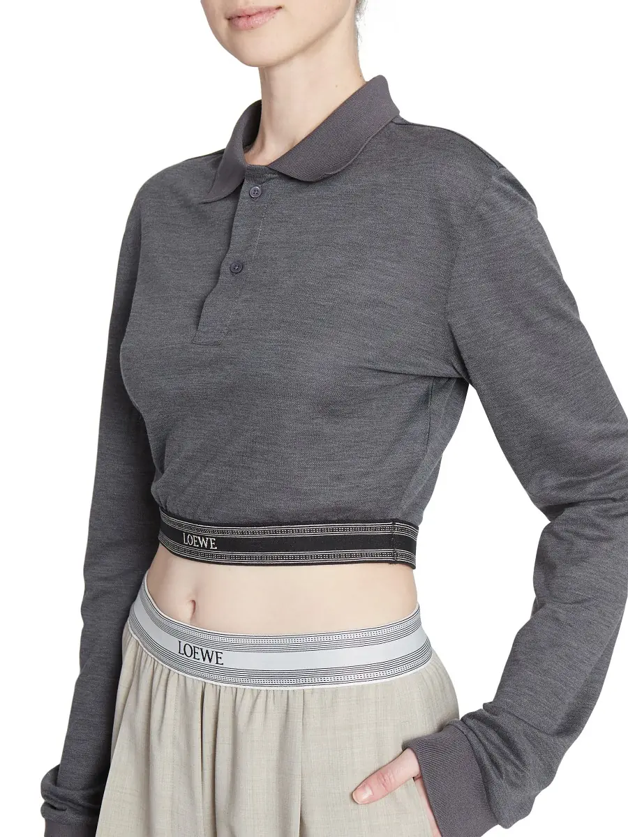 LOEWE Women's Cotton & Silk-Blend Cropped Long-Sleeve Polo Shirt - Charcoal Melange | Thumbnail 5 LOEWE Women's Cotton & Silk-Blend Cropped Long-Sleeve Polo Shirt - Charcoal Melange | Thumbnail 5