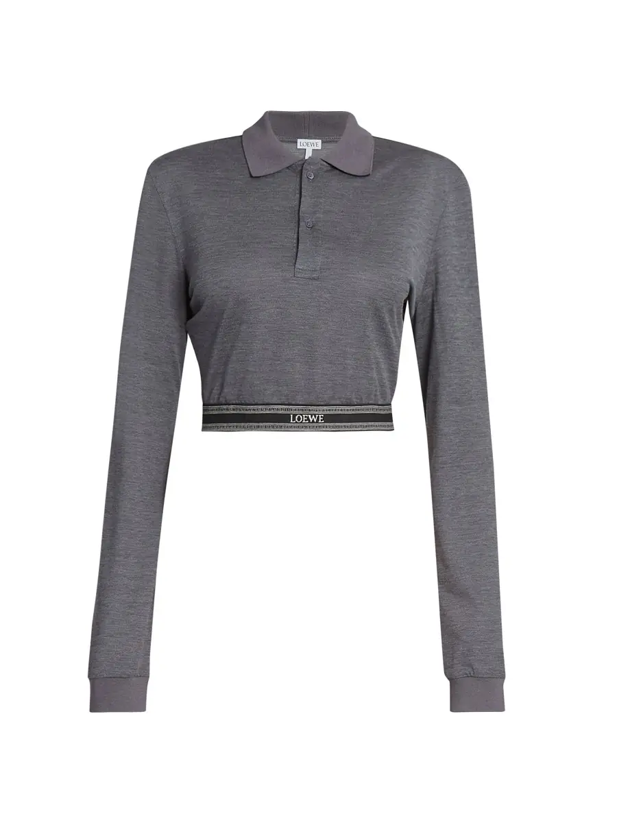 LOEWE Women's Cotton & Silk-Blend Cropped Long-Sleeve Polo Shirt - Charcoal Melange | Thumbnail 6 LOEWE Women's Cotton & Silk-Blend Cropped Long-Sleeve Polo Shirt - Charcoal Melange | Thumbnail 6