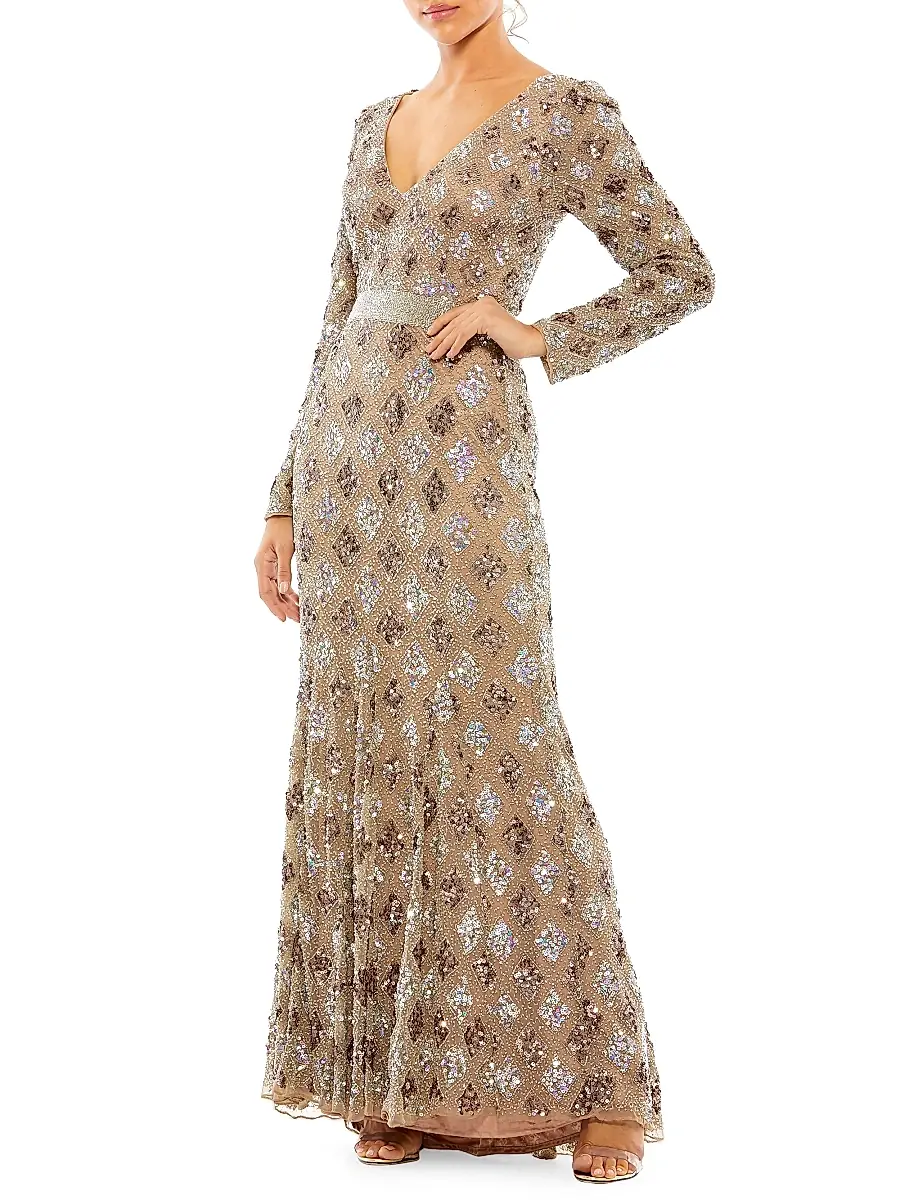 Mac Duggal Women's Long-Sleeve Beaded A-Line Gown - Mocha | Thumbnail 2 Mac Duggal Women's Long-Sleeve Beaded A-Line Gown - Mocha | Thumbnail 2