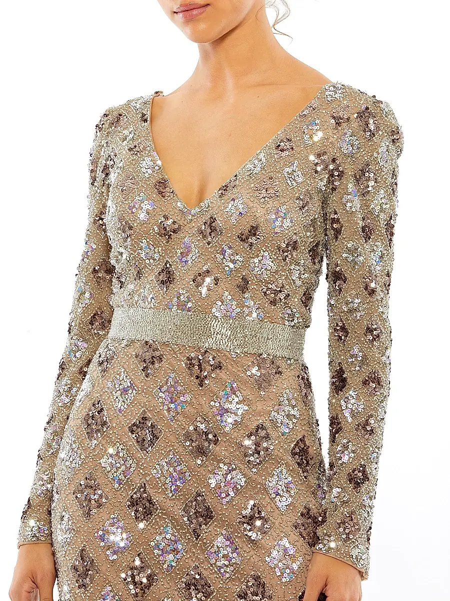 Mac Duggal Women's Long-Sleeve Beaded A-Line Gown - Mocha | Thumbnail 4 Mac Duggal Women's Long-Sleeve Beaded A-Line Gown - Mocha | Thumbnail 4