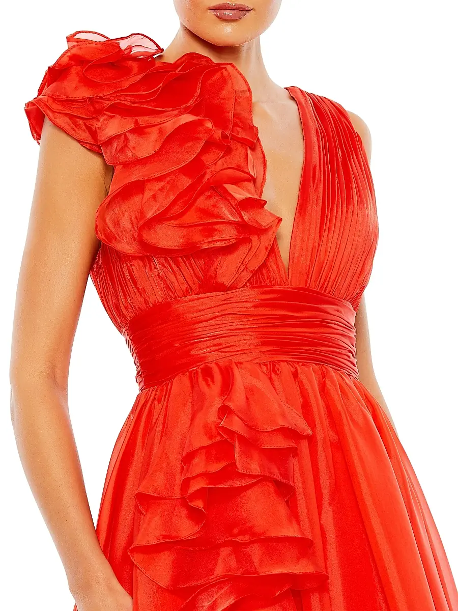Mac Duggal Women's Satin Plunge Ruffled A-Line Gown | Thumbnail 3 Mac Duggal Women's Satin Plunge Ruffled A-Line Gown | Thumbnail 3