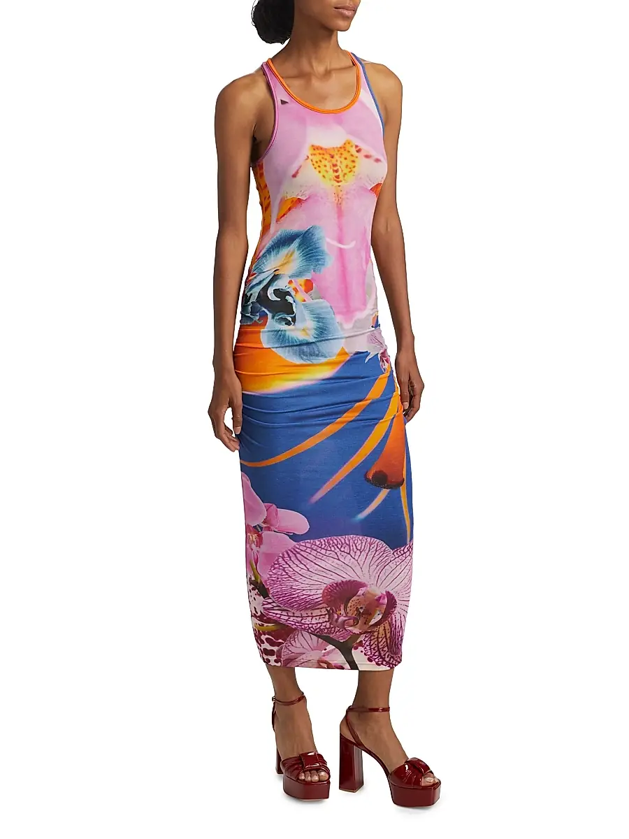 BruceGlen Women's Orchid Floral Rib-Knit Sleeveless Maxi Dress - Blue | Thumbnail 4 BruceGlen Women's Orchid Floral Rib-Knit Sleeveless Maxi Dress - Blue | Thumbnail 4