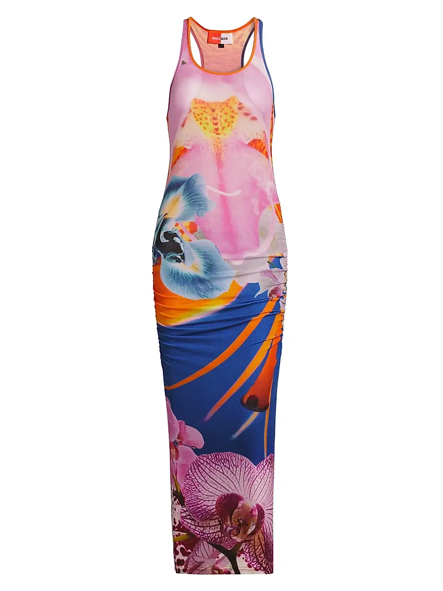 Women's Orchid Floral Rib-Knit Sleeveless Maxi Dress - Blue