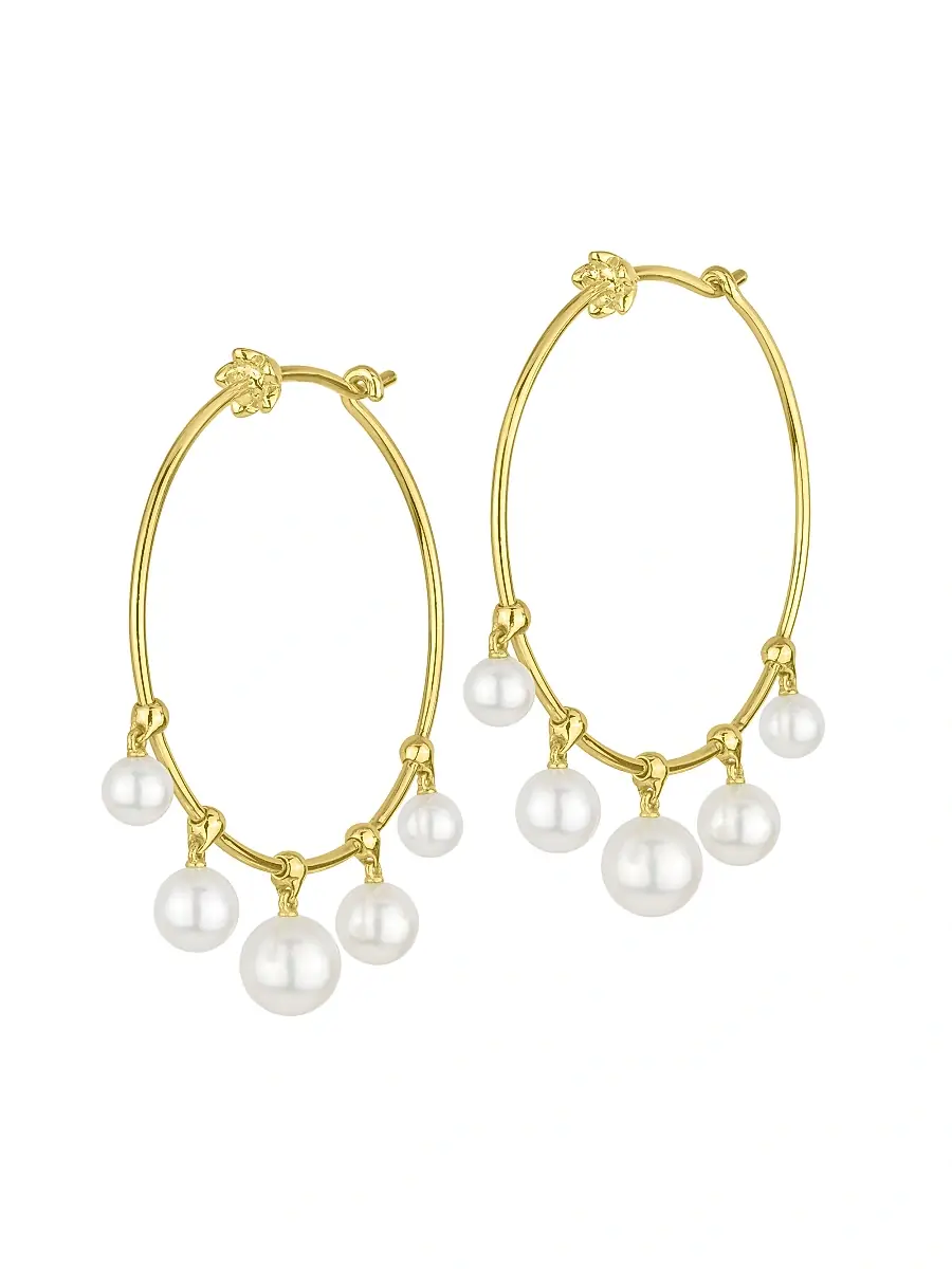 Women's Wind Chime 18K Yellow Gold & Akoya Pearls Hoop Earrings Women's Wind Chime 18K Yellow Gold & Akoya Pearls Hoop Earrings