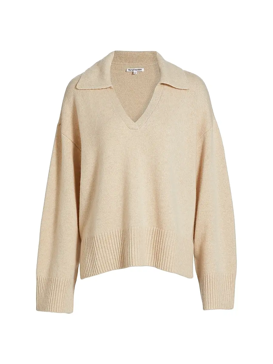 Reformation Women's Sawyer Oversized Cashmere & Wool Polo Sweater - Eco Beige | Image 1 Reformation Women's Sawyer Oversized Cashmere & Wool Polo Sweater - Eco Beige | Image 1
