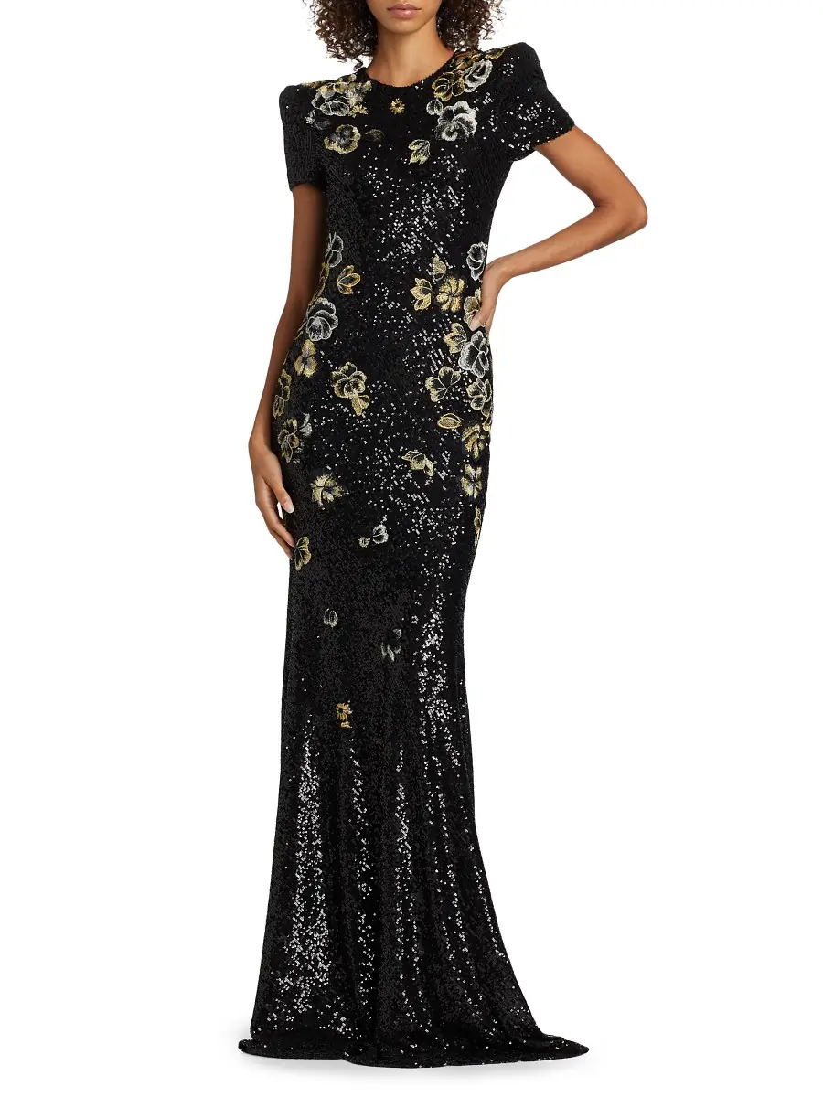 Naeem Khan Women's Floral-Embroidered Sequined Gown - Black Gold | Image 1 Naeem Khan Women's Floral-Embroidered Sequined Gown - Black Gold | Image 1