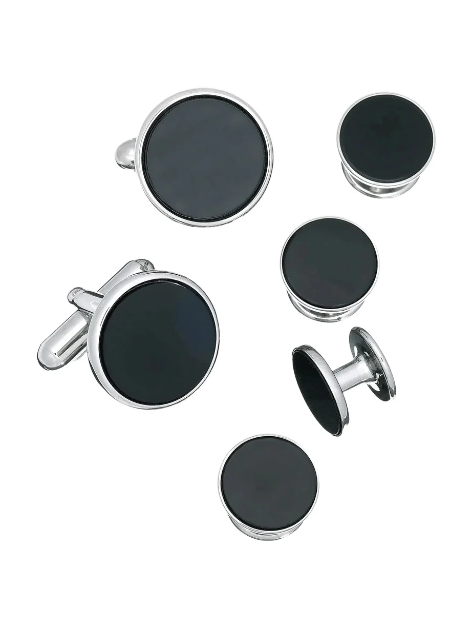 Link Up Men's 6-Piece Enamel Round Stud & Cufflink Set - Black Silver
