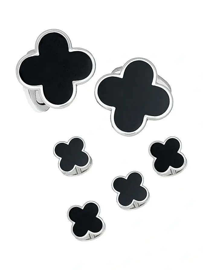 Jan Leslie Men's Clover Rhodium-Plated Black Onyx 6-Piece Cufflinks & Shirt Stud Set