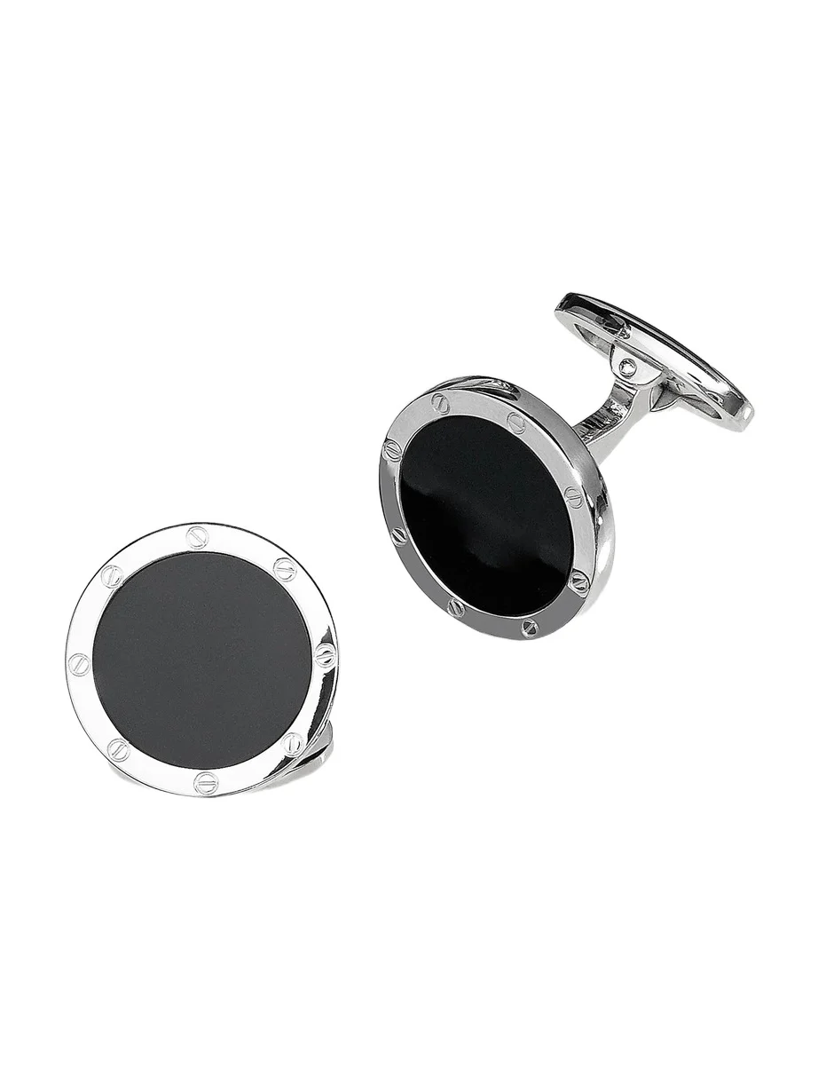 Men's Etched Rivet Round Onyx Cufflinks