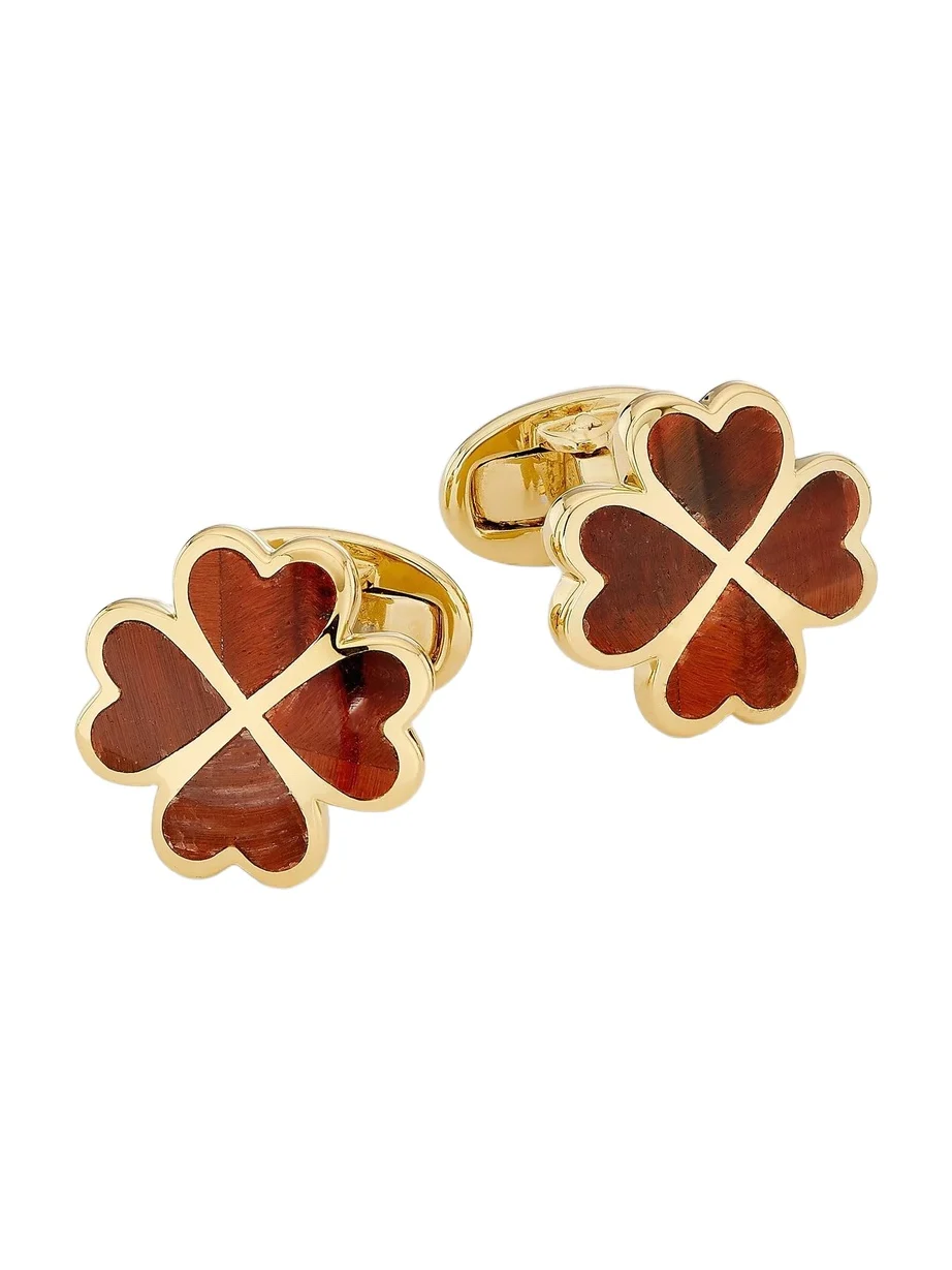 Jan Leslie Men's 18K-Yellow-Gold Vermeil & Red Tiger's Eye 4-Leaf Clover Cufflinks