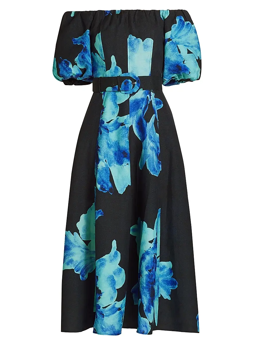 NICHOLAS Women's Santha Floral Off-the-Shoulder Midi-Dress - Thalia Floral Navy | Image 1 NICHOLAS Women's Santha Floral Off-the-Shoulder Midi-Dress - Thalia Floral Navy | Image 1