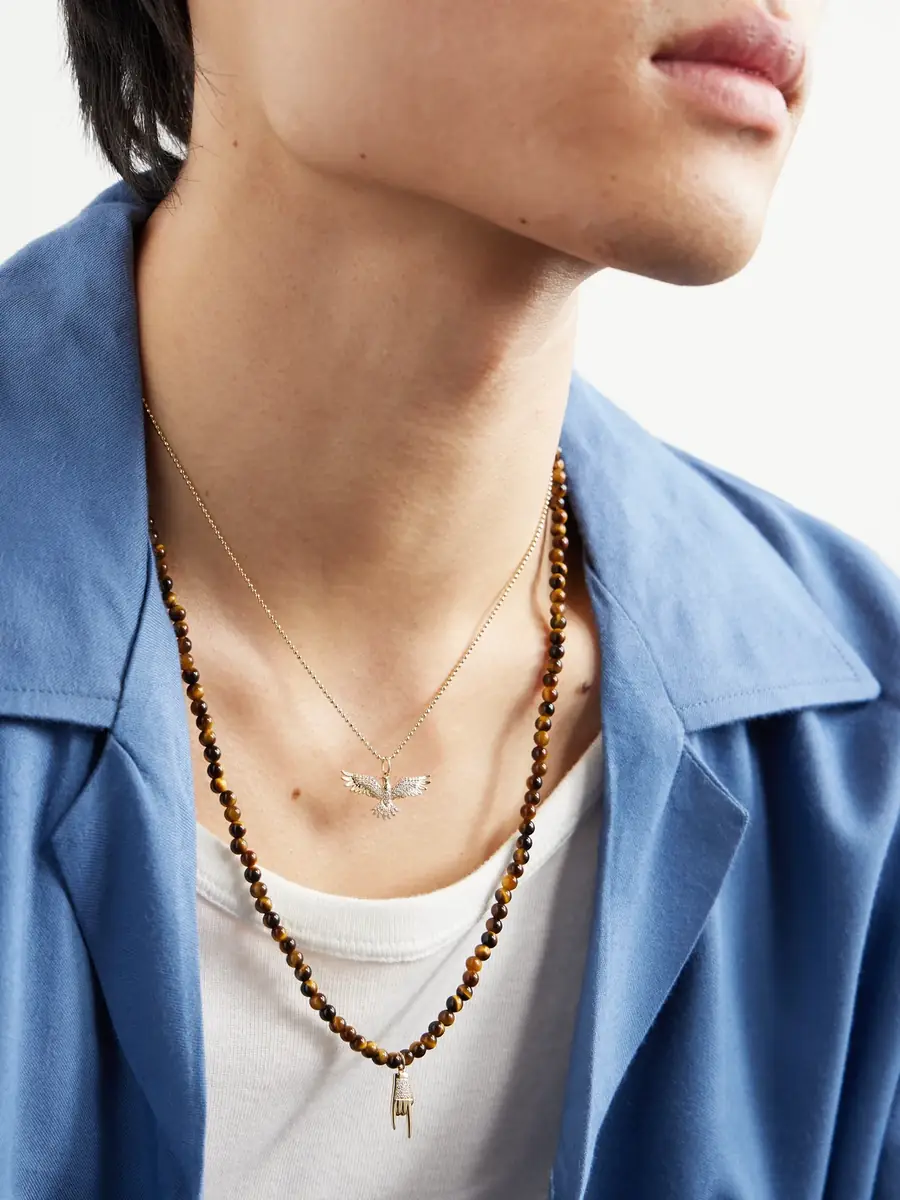 Sydney Evan Small Mano Cornuto Gold, Tiger's Eye and Diamond Beaded Necklace - Men | Thumbnail 5 Sydney Evan Small Mano Cornuto Gold, Tiger's Eye and Diamond Beaded Necklace - Men | Thumbnail 5