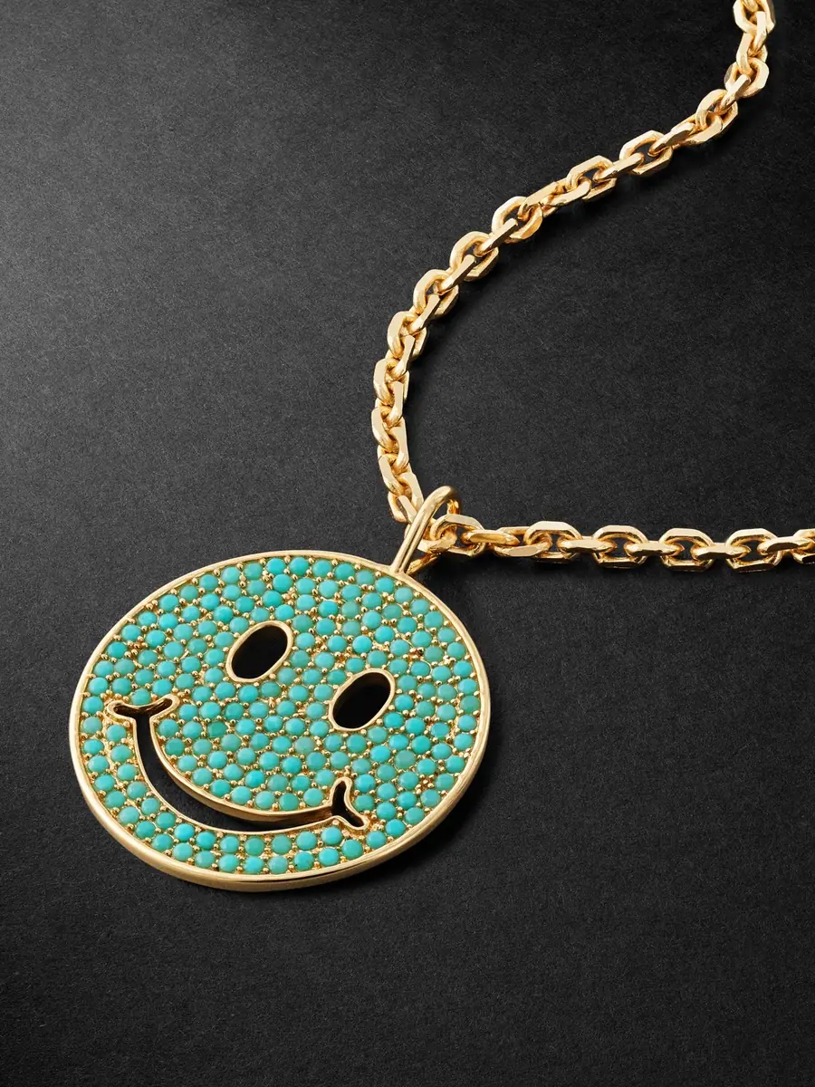 Sydney Evan XL Happy Face Gold Turquoise Pendant Necklace - Men | Thumbnail 4 Sydney Evan XL Happy Face Gold Turquoise Pendant Necklace - Men | Thumbnail 4