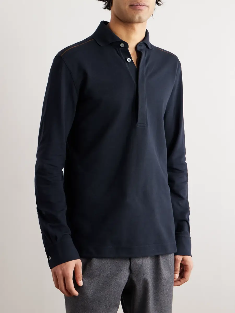 Zegna Leather-Trimmed Cotton-Piqué Polo Shirt - Men | Thumbnail 3 Zegna Leather-Trimmed Cotton-Piqué Polo Shirt - Men | Thumbnail 3