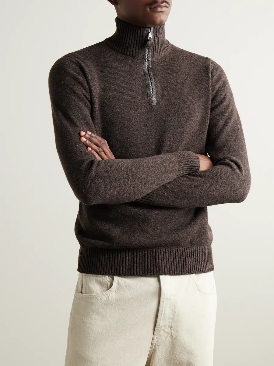 Purdey Leather-Trimmed Cashmere Half-Zip Sweater - Men | Thumbnail 3
