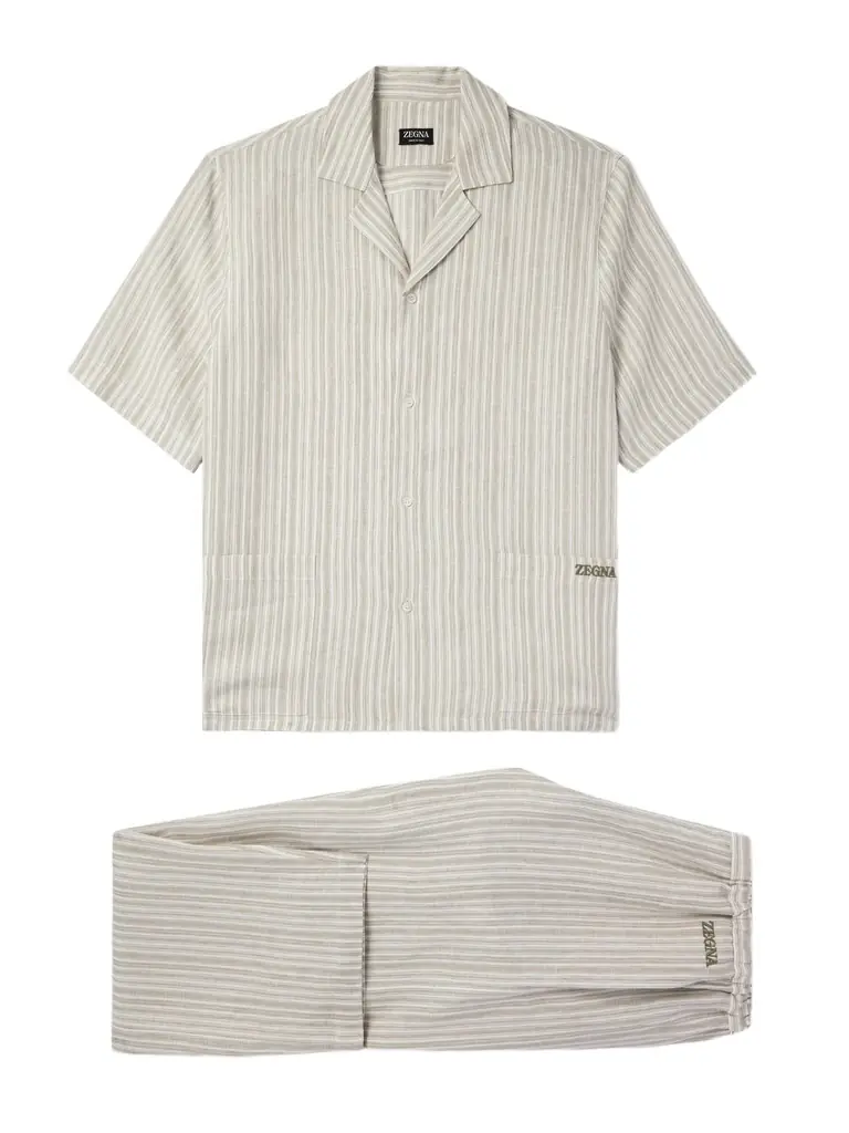 Logo-Embroidered Striped Linen Pyjama Set - Men