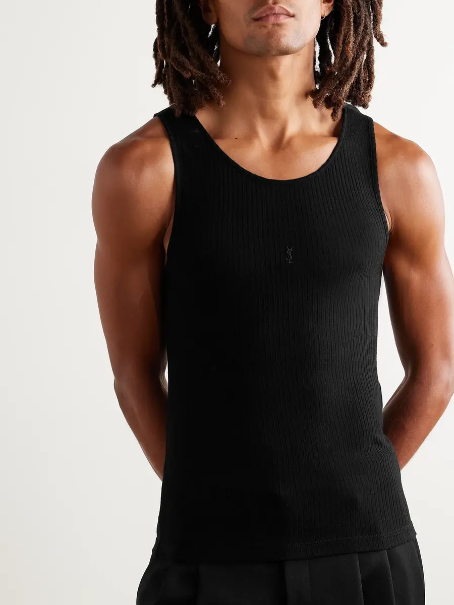 Saint Laurent Cassandre Ribbed Logo-Embroidered Wool Tank Top - Men | Thumbnail 3 Saint Laurent Cassandre Ribbed Logo-Embroidered Wool Tank Top - Men | Thumbnail 3