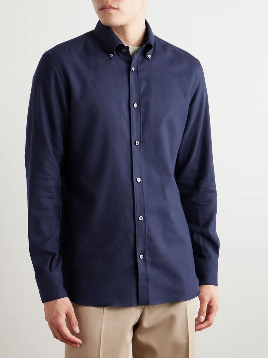 Zegna Button-Down Collar Brushed Cotton-Twill Shirt - Men | Thumbnail 3
