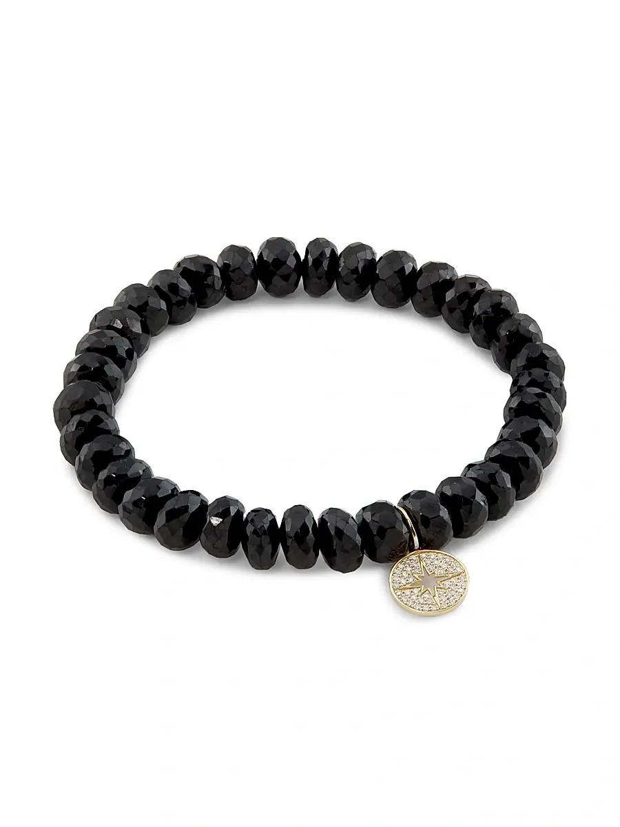 Women's 14K Yellow Gold, Black Spinel & 0.14 TCW Diamond Beaded Starburst Charm Bracelet
