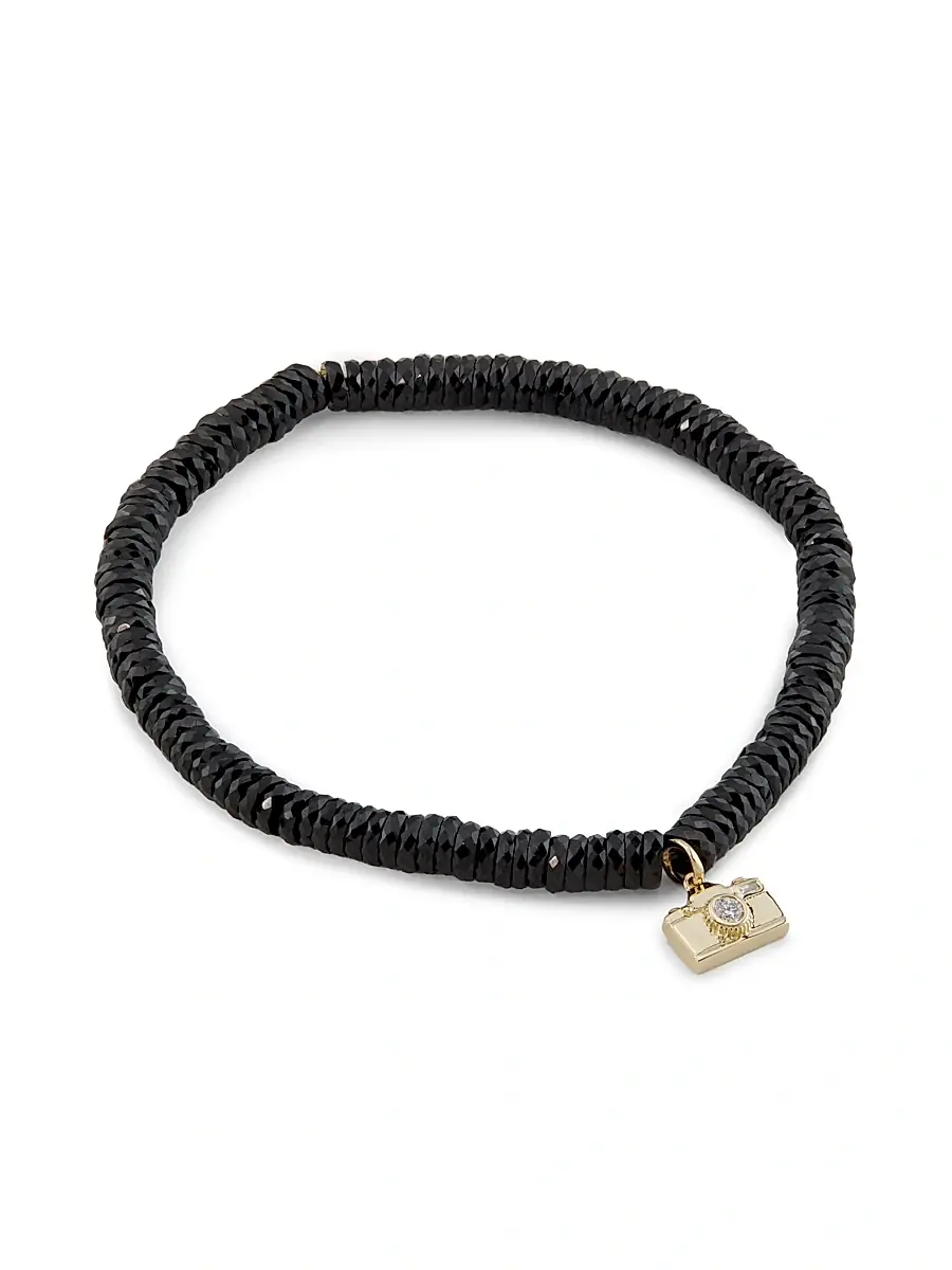 Women's 14K Yellow Gold, Black Spinel & 0.04 TCW Diamond Beaded Camera Charm Bracelet