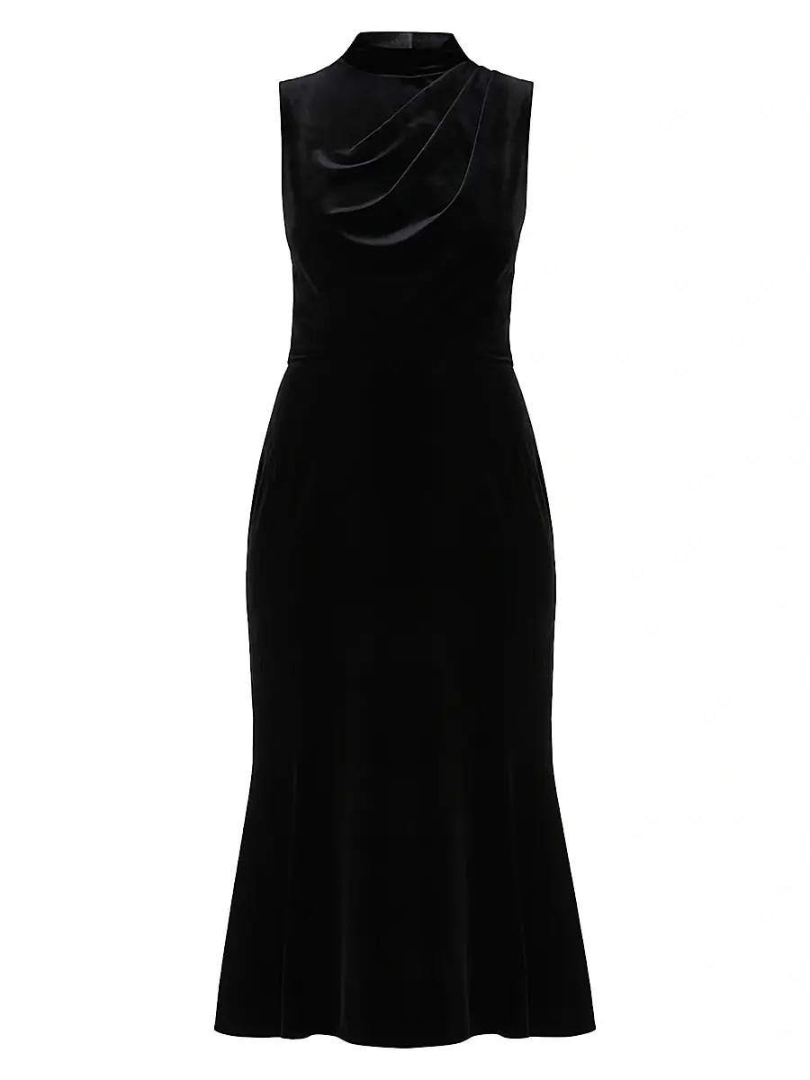 Shoshanna Women's Audrey Velvet Draped Midi-Dress - Jet | Image 1 Shoshanna Women's Audrey Velvet Draped Midi-Dress - Jet | Image 1