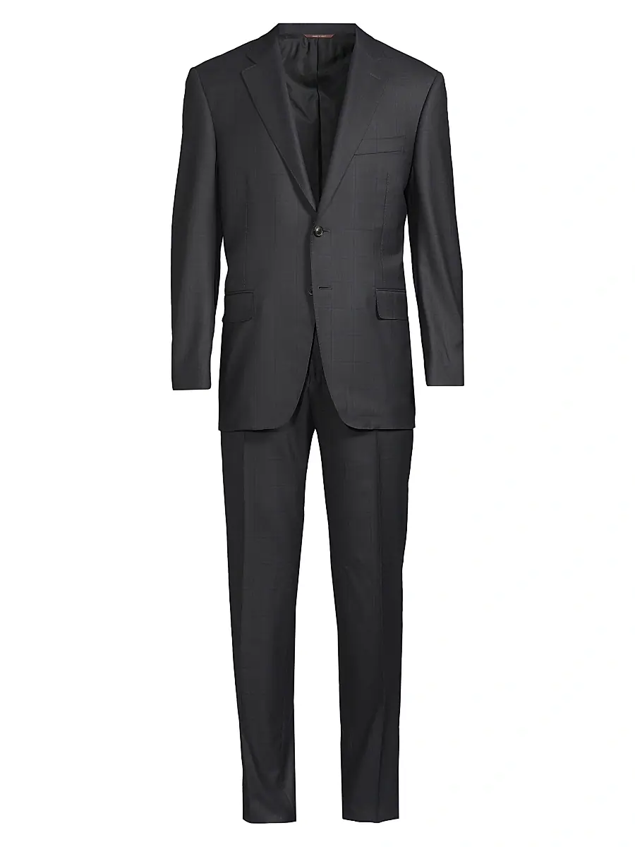 Men's Windowpane Plaid Wool Suit - Charcoal Men's Windowpane Plaid Wool Suit - Charcoal