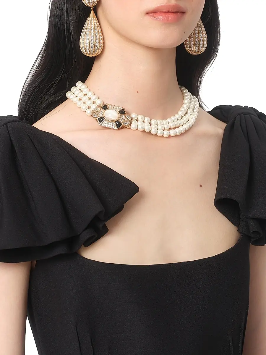 Valentino Women's Pas Plus Necklace in Metal, Enamel, Resin, Pearls and Swarovski Crystals - White | Thumbnail 2 Valentino Women's Pas Plus Necklace in Metal, Enamel, Resin, Pearls and Swarovski Crystals - White | Thumbnail 2