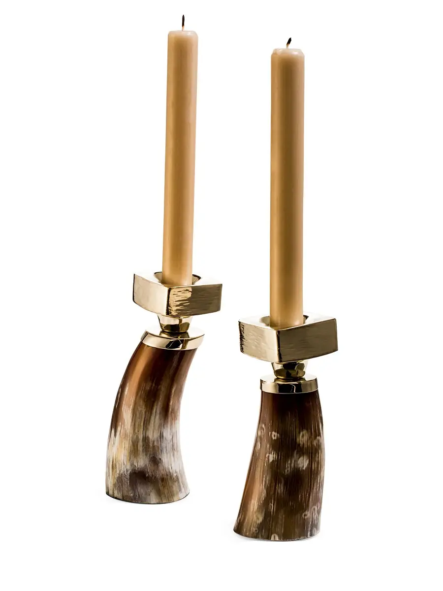 Two-Piece Wood, Bull Horn & German Silver Candle Holders