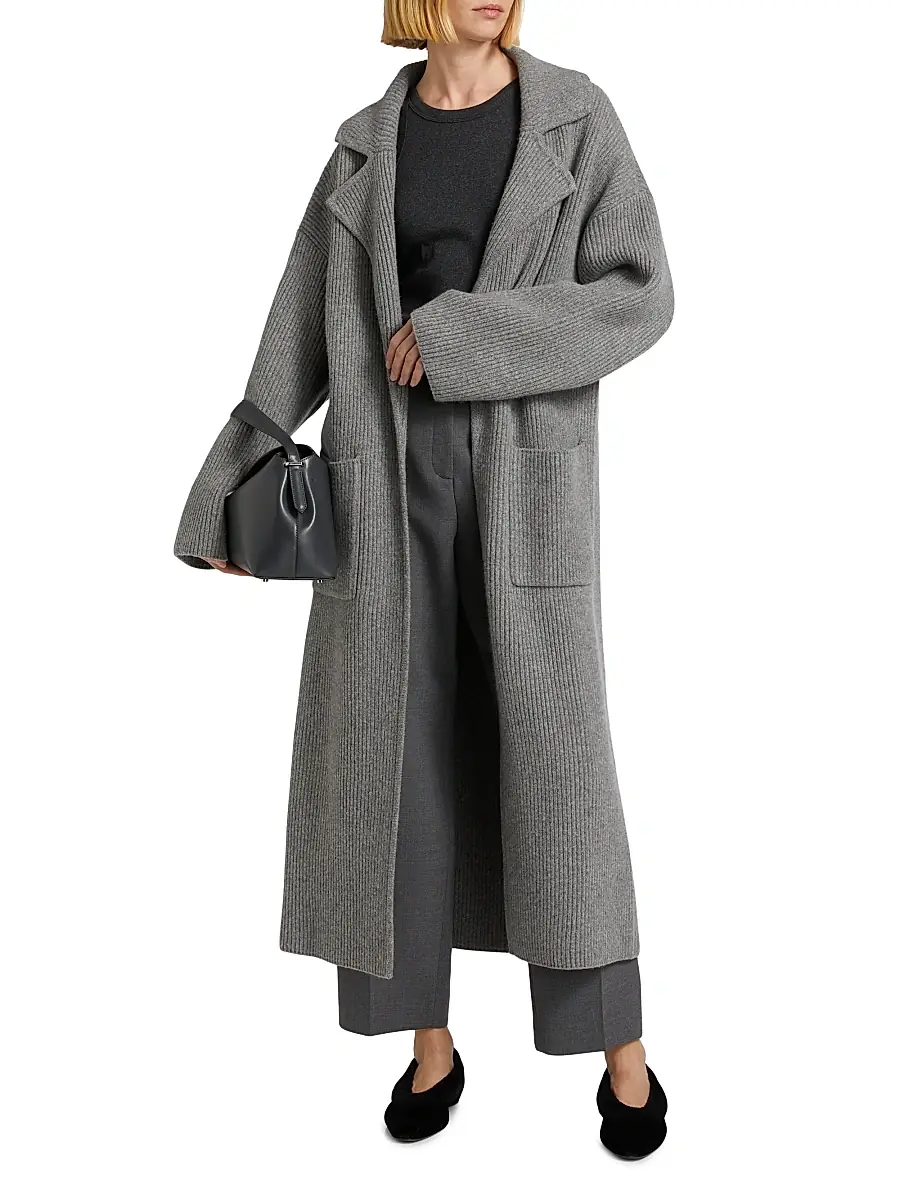 Toteme Women's Wool-Blend Rib-Knit Cardigan Coat - Grey Melange | Thumbnail 2 Toteme Women's Wool-Blend Rib-Knit Cardigan Coat - Grey Melange | Thumbnail 2