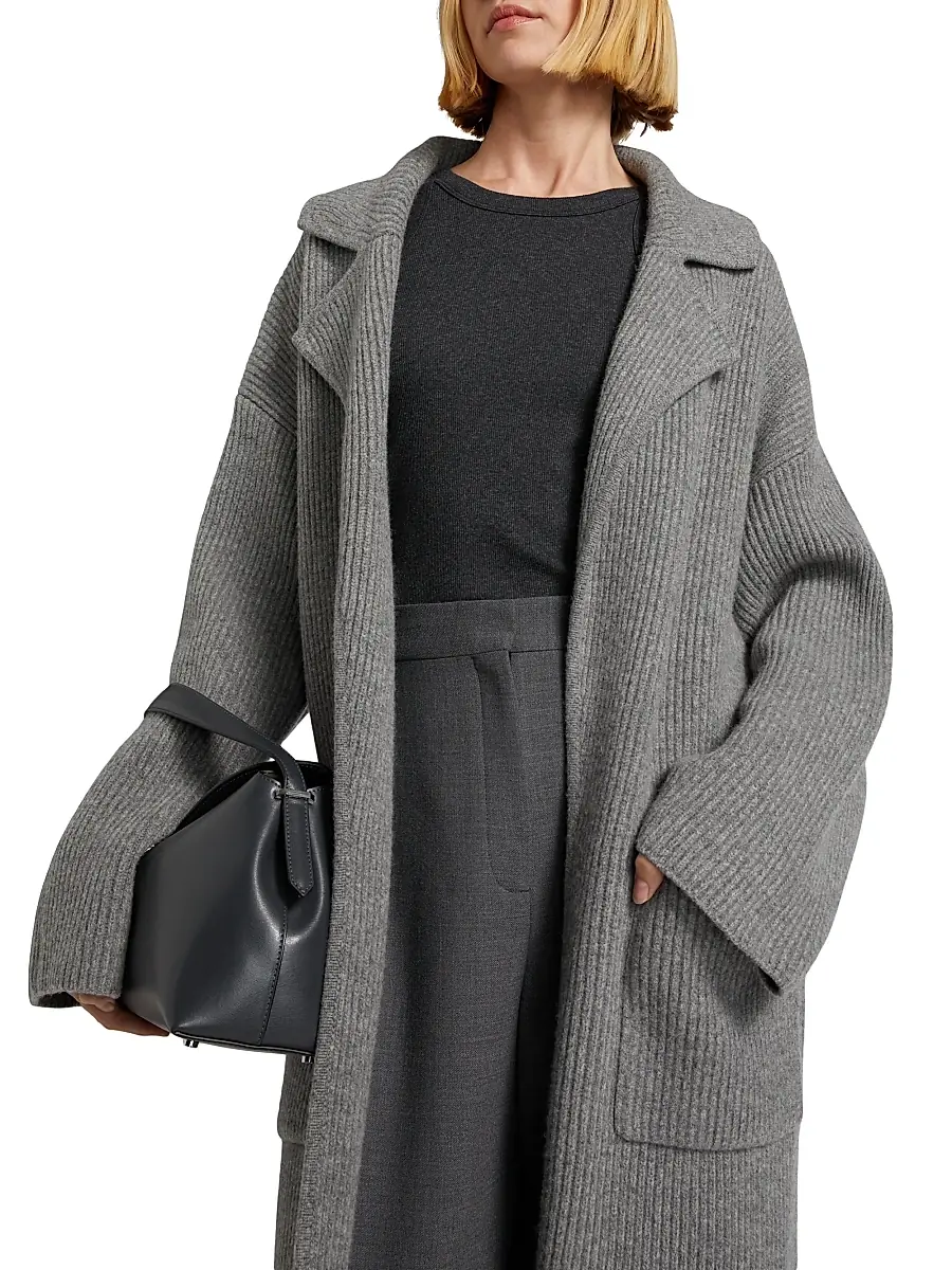Toteme Women's Wool-Blend Rib-Knit Cardigan Coat - Grey Melange | Thumbnail 6 Toteme Women's Wool-Blend Rib-Knit Cardigan Coat - Grey Melange | Thumbnail 6