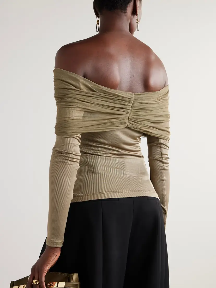 Christopher Esber Veiled Draped Off-the-shoulder Ribbed Jersey And Silk-tulle Top | Thumbnail 3 Christopher Esber Veiled Draped Off-the-shoulder Ribbed Jersey And Silk-tulle Top | Thumbnail 3