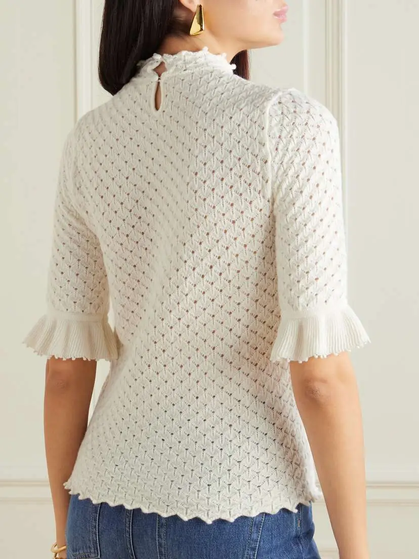 Chloé Scalloped Ruffled Pointelle-knit Wool And Cashmere-blend Top | Thumbnail 3 Chloé Scalloped Ruffled Pointelle-knit Wool And Cashmere-blend Top | Thumbnail 3