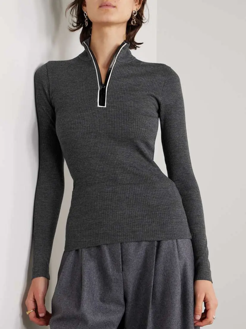 Brunello Cucinelli Bead-embellished Ribbed Wool Turtleneck Top | Thumbnail 3