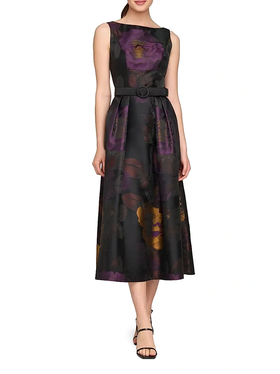 Kay Unger Women's Ilsa Floral Jacquard Belted Cocktail Dress | Thumbnail 2