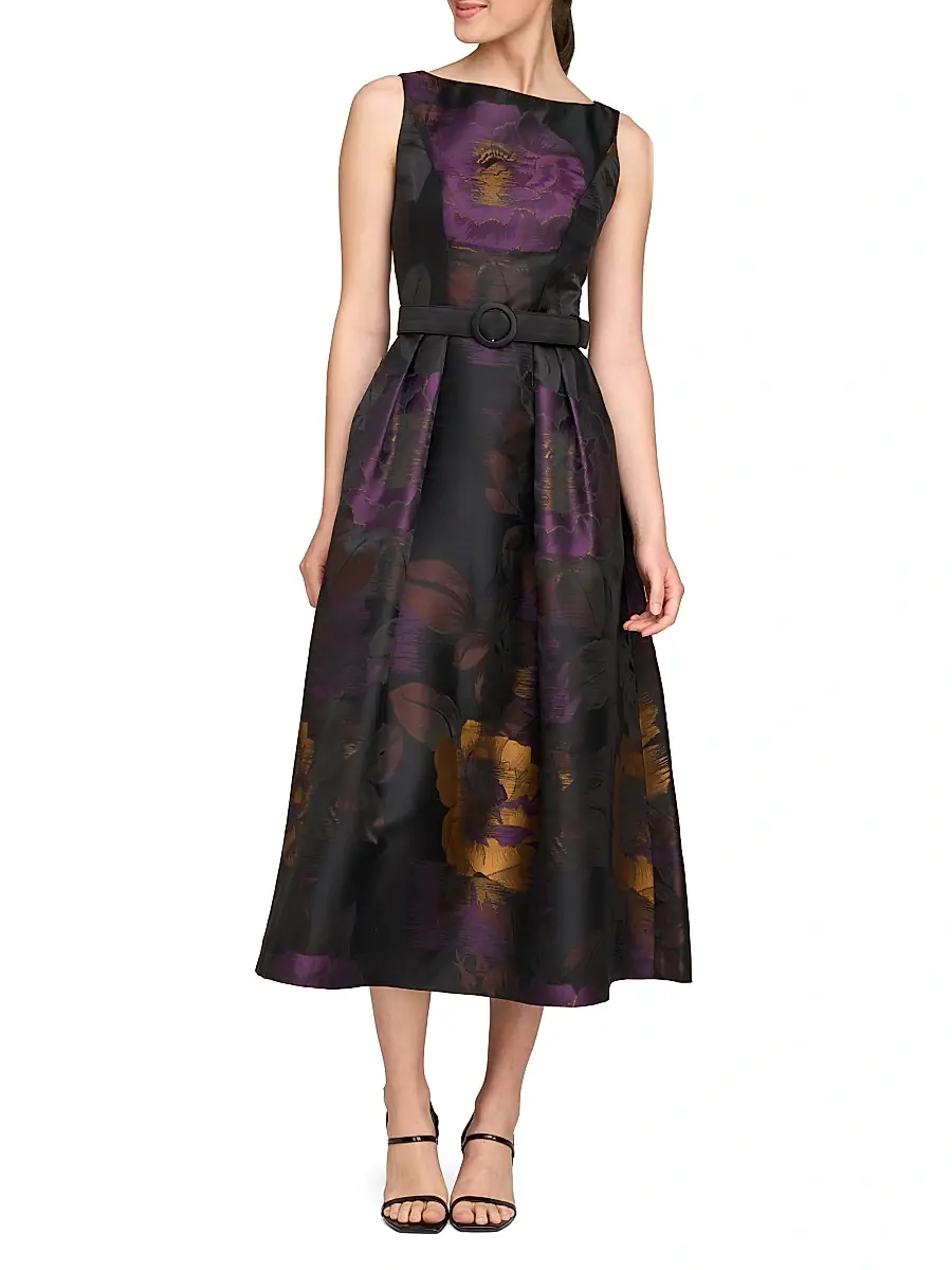 Kay Unger Women's Ilsa Floral Jacquard Belted Cocktail Dress | Thumbnail 3