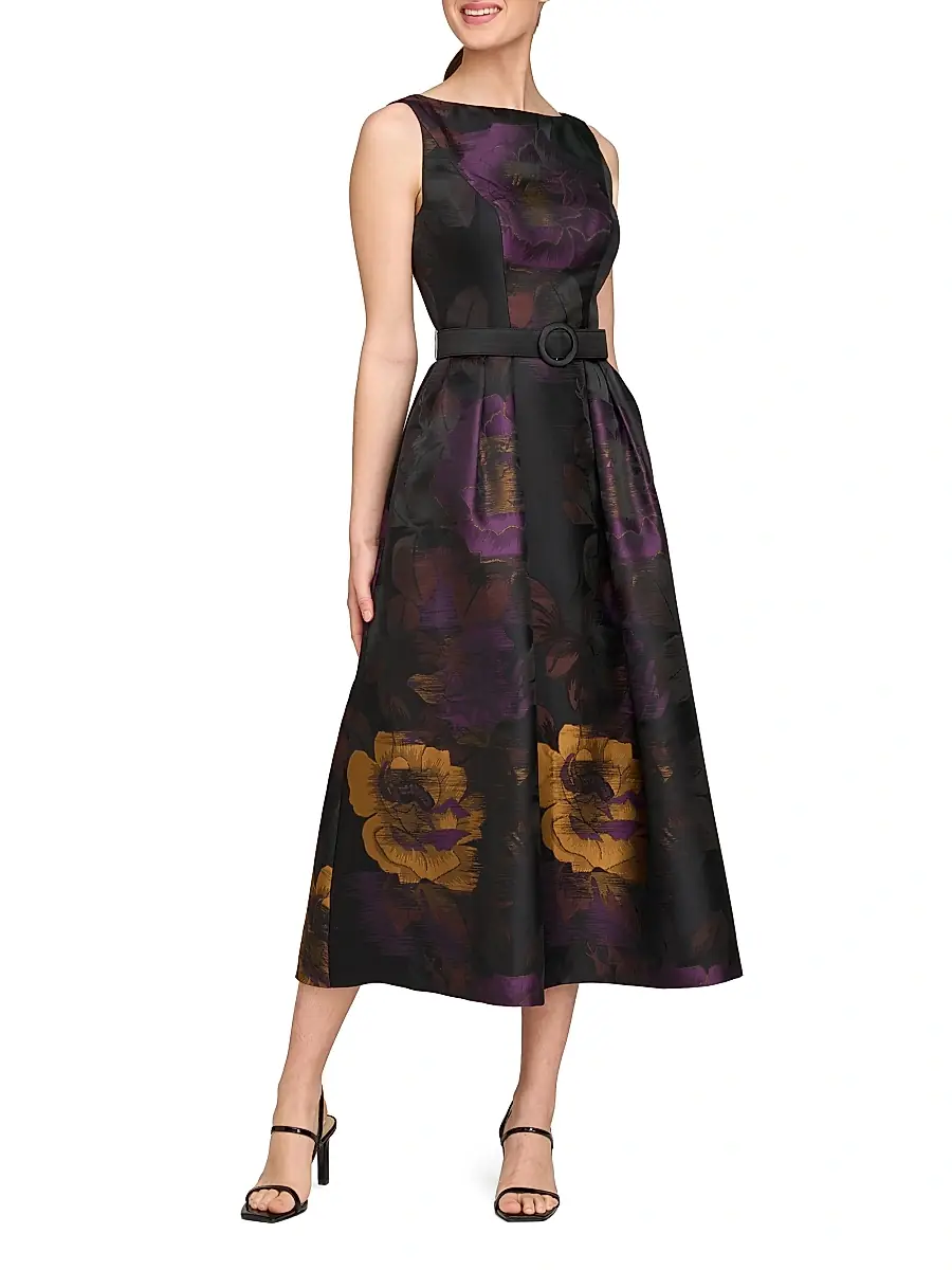 Kay Unger Women's Ilsa Floral Jacquard Belted Cocktail Dress | Thumbnail 5