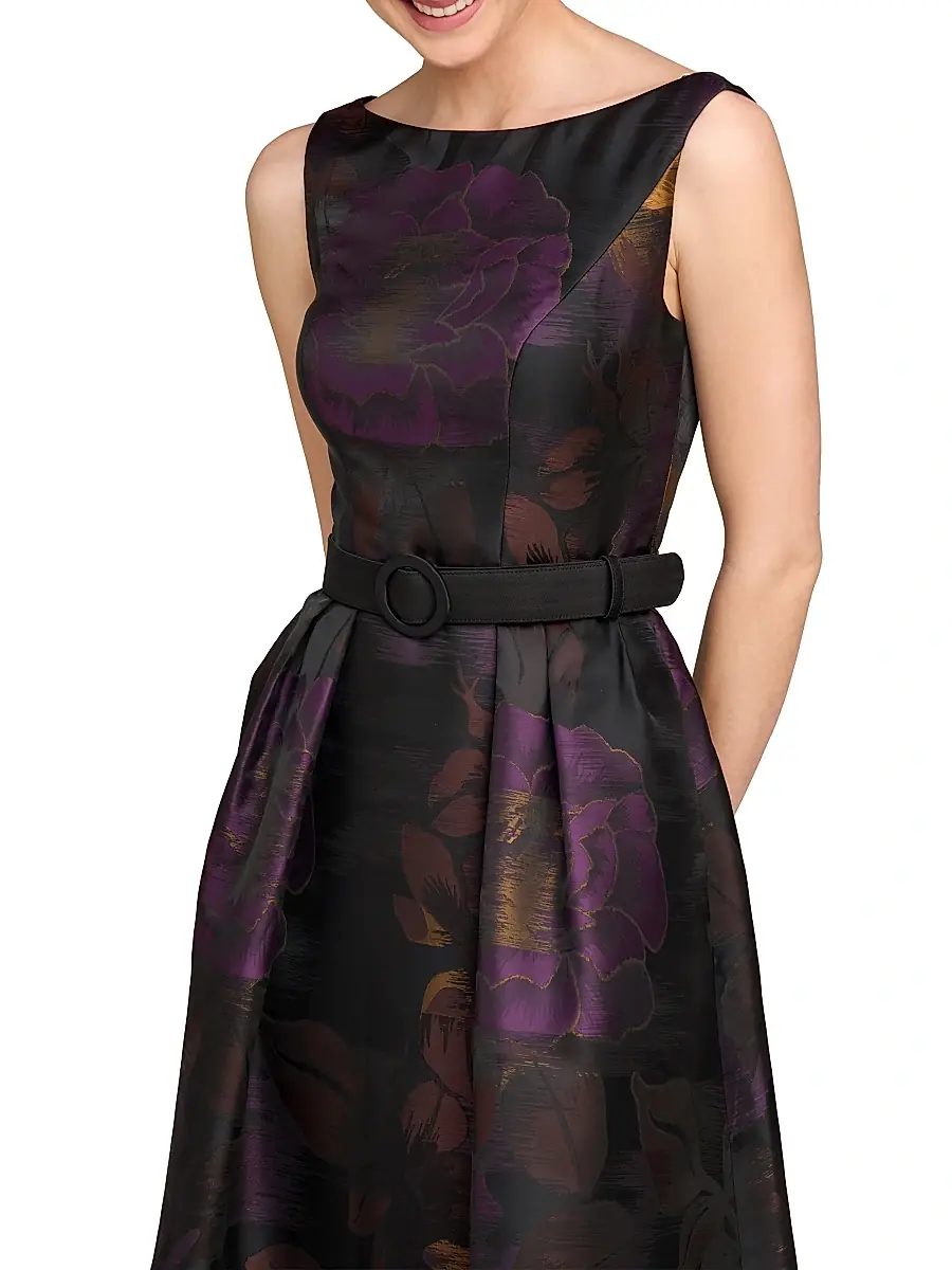 Kay Unger Women's Ilsa Floral Jacquard Belted Cocktail Dress | Thumbnail 7