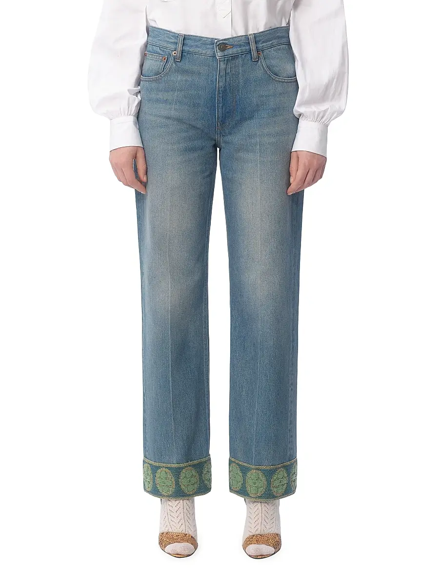 Valentino Women's Denim Trousers with Jacquard Trims | Thumbnail 3 Valentino Women's Denim Trousers with Jacquard Trims | Thumbnail 3