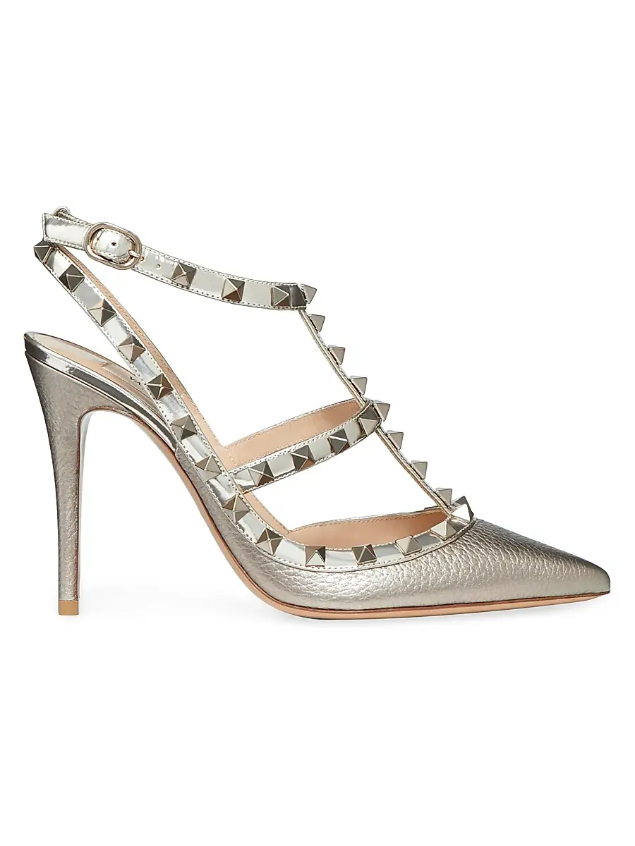 Valentino Garavani Women's Rockstud Metallic Ankle Strap Pumps 100 MM - Silver | Image 1 Valentino Garavani Women's Rockstud Metallic Ankle Strap Pumps 100 MM - Silver | Image 1
